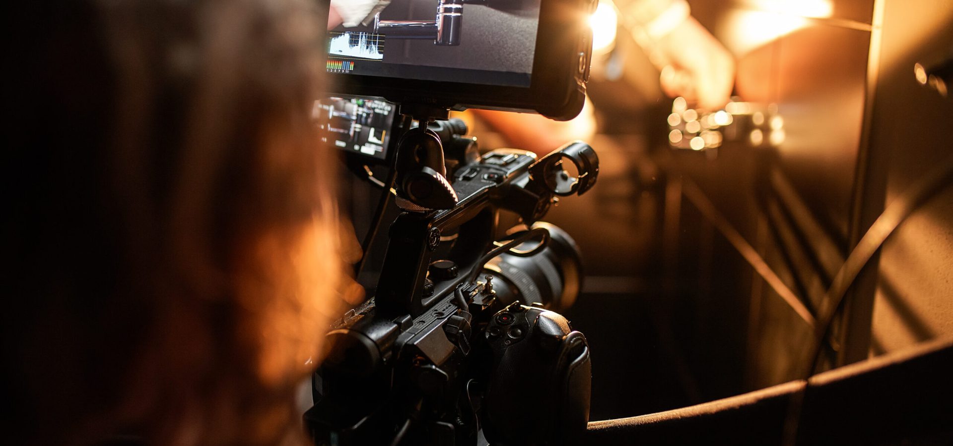 Behind the scenes of filming films or video products and the film crew of the film crew on the set in the pavilion of the film studio. Video Production Concept